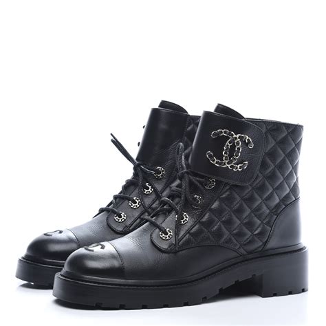 chanel new quilted leather combat boots zip lace cc black|Chanel Quilted Combat Boot Black Leather .